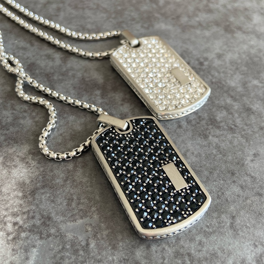 Black pave stainless steel dog tag necklace